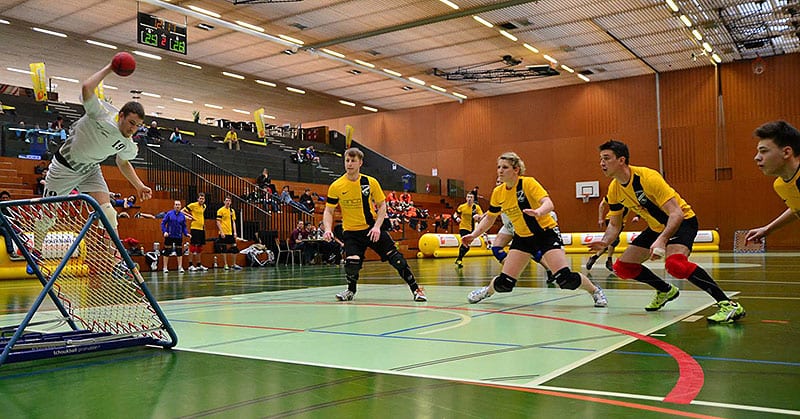 Die Abwehr steht: Lars Diederich, Amelie Kühn, Rafael Hild und Till Marcucci (von links) in der Partie gegen Genf. (Foto: EWC 2014/Nanghita Antonioli)